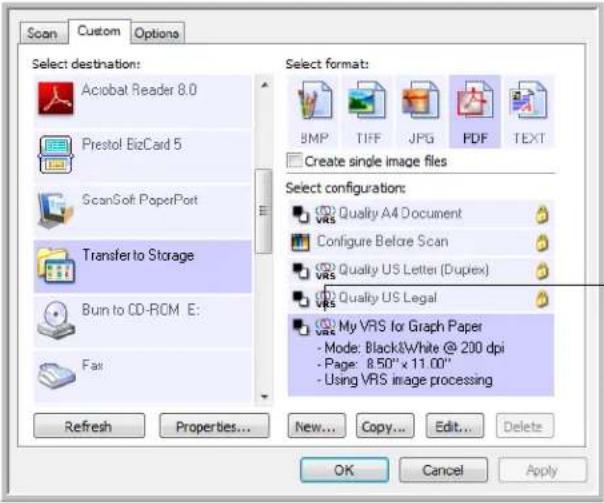 Scan Custom Options Select destination: Acrobat Reader 8.0 Prestol BizCard 5 ScanSoft PaperPort Transfer to Storage Burn to CD-ROM E: Fax Refresh Properties... New... Copy... Edit... Delete Select format: 8MP TIFF JPG PDF TEXT Create single image files Select configurations: VRS Quality A4 Document Configure Before Scan VRS Quality US Letter (Duplex) VRS Quality US Legal VRS My VRS for Graph Paper - Mode: Black&White @ 200 dpi - Page: 8.50" x 11.00" - Using VRS image processing OK Cancel Apply