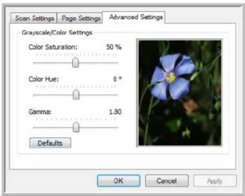 Scan Settings Page Settings Advanced Settings Grayscale/Color Settings Color Saturation: 50 % Color Hue: 0 ° Gamma: 1.80 Defaults OK Cancel Apply