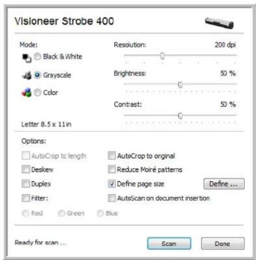 Visioneer Strobe 400 Mode: Black & White Grayscale Color Letter 8.5 x 11 in Resolution: 200 dpi Brightness: 50 % Contrast: 50 % Options: AutoCrop to length Deskew Duplex Filter: Red Green AutoCrop to original Reduce Moiré patterns Define page size Define ... AutoScan on document insertion Ready for scan... Scan Done