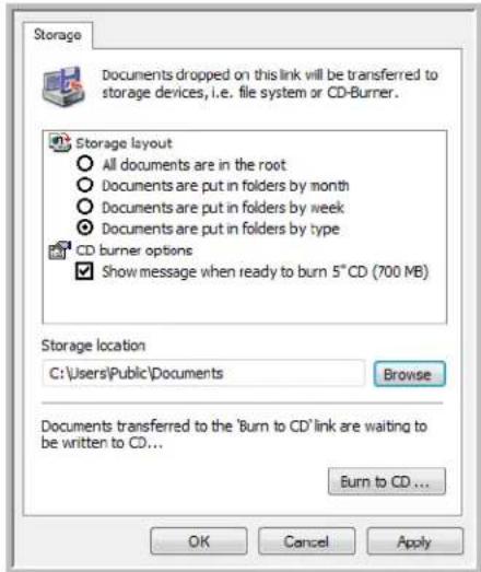 Storage Documents dropped on this link will be transferred to storage devices, i.e. file system or CD-Burner. Storage layout All documents are in the root Documents are put in folders by month Documents are put in folders by week Documents are put in folders by type CD burner options Show message when ready to burn 5° CD (700 MB) Storage location C:\Users\Public\Documents Browse Documents transferred to the 'Burn to CD' link are waiting to be written to CD... Burn to CD ... OK Cancel Apply