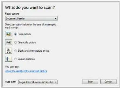 What do you want to scan? Paper source Document Feeder Select an option below for the type of picture you want to scan. Color picture Greyscale picture Black and white picture or text Custom Settings You can also: Adjust the quality of the scanned picture Page size: Legal 8.5 x 14 inches (216 x 356 Scan Cancel