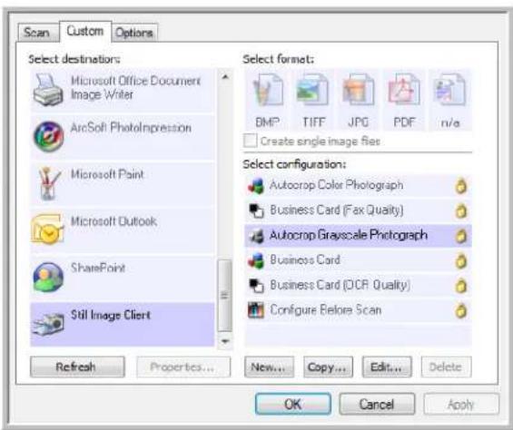 Scan Custom Options Select destinations: Microsoft Office Document Image Writer ArcSoft Photolmpression Microsoft Paint Microsoft Outlook SharePoint Still Image Client Refresh Properties... New... Copy... Edit... Delete Select format: BMP TIFF JPG PDF n/a Create single image files Select configuration: Autocrop Color Photograph Business Card (Fax Quality) Autocrop Grayscale Photograph Business Card Business Card (OCR Quality) Configure Before Scan OK Cancel Apply