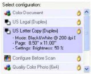 Select configuration: Color Document US Legal (Duplex) US Letter Copy (Duplex) - Mode: Black&White @ 200 dpi - Pages: 8.50" x 11.00" - Settings: Brightness: 50 % Configure Before Scan Quality Color Photo (6x4)