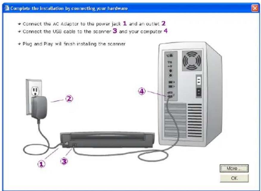 Complete the installation by connecting your hardware Connect the AC Adaptor to the power jack 1 and an outlet 2 Connect the USB cable to the scanner 3 and your computer 4 Plug and Play will finish installing the scanner ① ② ③ ④ More... OK