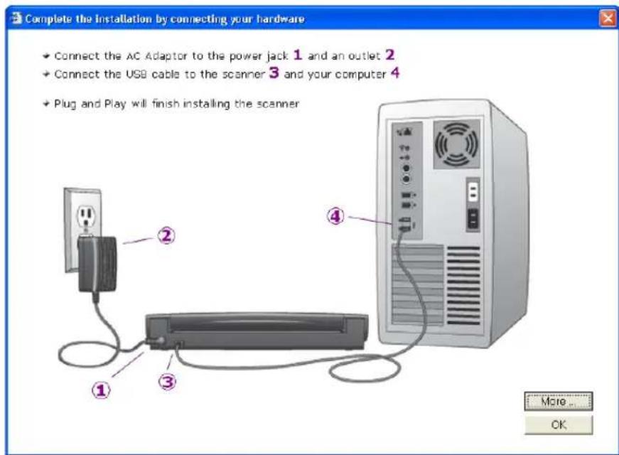 Complete the installation by connecting your hardware • Connect the AC Adaptor to the power jack 1 and an outlet 2 • Connect the USB cable to the scanner 3 and your computer 4 • Plug and Play will finish installing the scanner ① ② ③ ④ More... OK