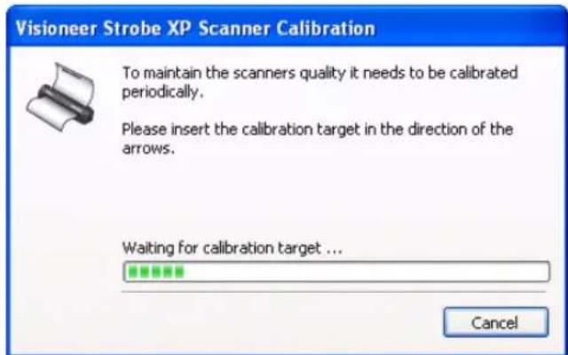 Visioneer Strobe XP Scanner Calibration To maintain the scanners quality it needs to be calibrated periodically. Please insert the calibration target in the direction of the arrows. Waiting for calibration target ... Cancel