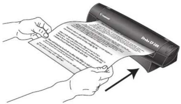 Illustration showing hands holding a document being scanned with a device labeled 'Drugs XP 100', indicating file orientation or transmission.