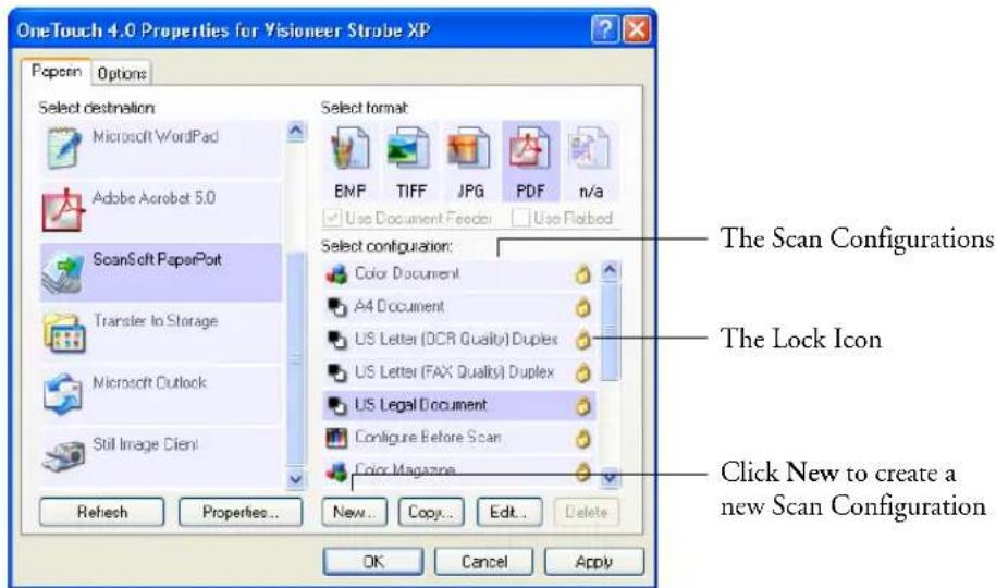 OneTouch 4.0 Properties for Visioneer Strobe XP Paperin Options Select destination Microsoft WordPad Adobe Acrobat 5.0 ScanSoft PaperPort Transfer to Storage Microsoft Outlook Still Image Cien! Refresh Properties... New... Copy... Edit... OK Cancel Apply Select format BMP TIFF JPG PDF n/a Use Document Feeder Use Flabbed The Scan Configurations Color Document A4 Document US Letter (OCR Quality) Duplex US Letter (FAX Quality) Duplex US Legal Document Configure Before Scan Epic Magazine The Lock Icon Click New to create a new Scan Configuration