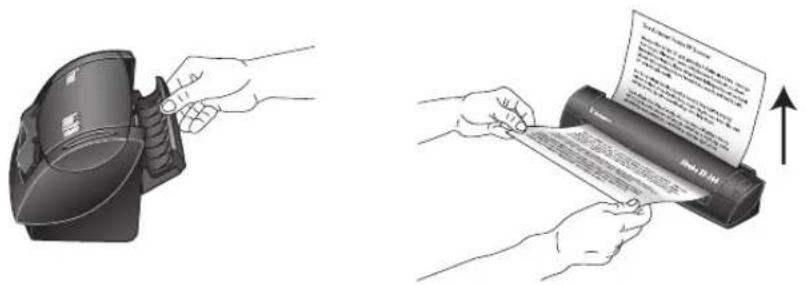 Illustration showing two steps of a printer printing a document, with one hand inserting a paper into the other.