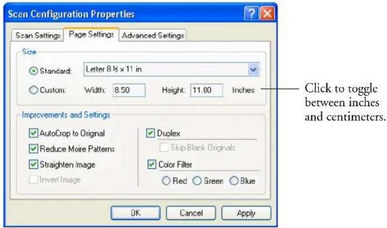 Scan Configuration Properties Scan Settings: Page Settings Advanced Settings Size Standard: Letter 8½ x 11 in Custom: Width: 8.50 Height: 11.00 Inches Improvements and Settings AutoCrop to Original Reduce Moire Patterns Straighten Image Invert Image Duplex Skip Blank Originals Color Filter Red Green Blue OK Cancel Apply Click to toggle between inches and centimeters.