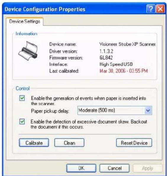 Device Configuration Properties Device Settings Information Device name: Visioneer Strobe XP Scanner Driver version: 1.1.3.2 Firmware version: GL842 Interface: High Speed USB Last calibrated: Mar 30, 2006 - 03:55 PM Control Enable the generation of events when paper is inserted into the scanner. Paper pickup delay: Moderate (500 ms) Enable the detection of excessive document skew. Backout the document if this occurs. Calibrate Clean Reset Device OK Cancel Apply