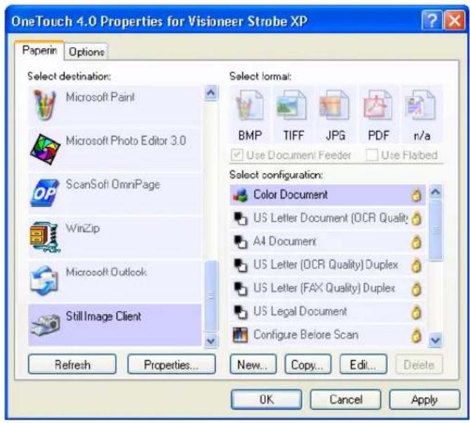 OneTouch 4.0 Properties for Visioneer Strobe XP Paperin Options Select destination: Microsoft Paint Microsoft Photo Editor 3.0 ScanSoft OmniPage WinZip Microsoft Outlook Still Image Client Refresh Properties... Select format: BMP TIFF JPG PDF n/a Use Document Feeder Use Flabed Select configuration: Color Document US Letter Document (OCR Quality) A4 Document US Letter (OCR Quality) Duplex US Letter (FAX Quality) Duplex US Legal Document Configure Before Scan New... Copy... Edit... Delete OK Cancel Apply