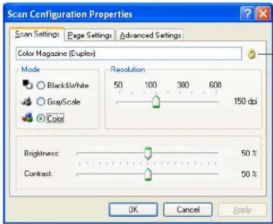 Scan Configuration Properties Scan Settings: Page Settings: Advanced Settings Color Magazine (Duplex) Mode Black&White GrayScale Color Resolution 50 100 300 600 150 dpi Brightness: 50% Contrast: 50% OK Cancel Apply