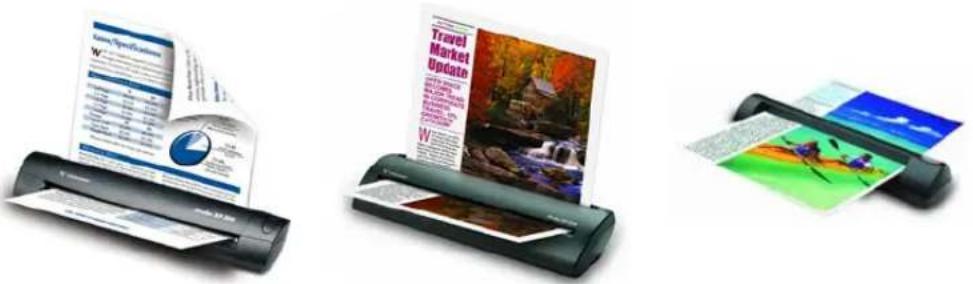 Three different printer designs: one showing a spread booklet, another displaying a travel market update with nature scenery, and a third showing a photo of a digital print.
