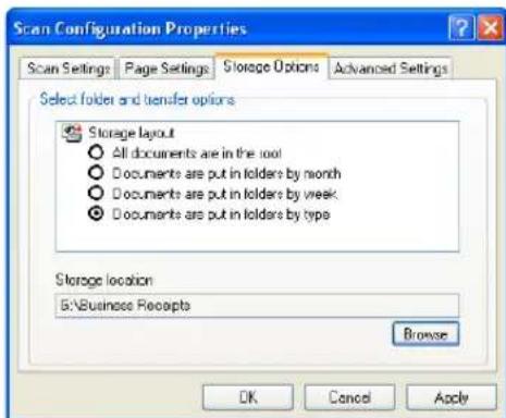 Scan Configuration Properties Scan Settings Page Settings Storage Options Advanced Settings Select folder and transfer options Storage layout All documents are in the root Documents are put in folders by month Documents are put in folders by week Documents are put in folders by type Storage location B:\Business Receipts Browse OK Cancel Apply