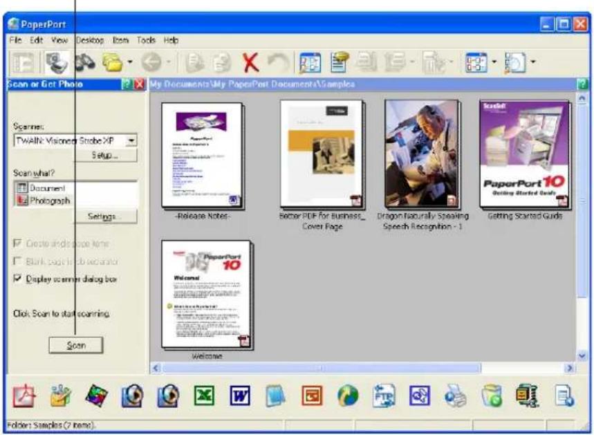 PaperPort File Edit View Desktop Item Tools Help Scan or Got Photo My Documents\My PaperPort Documents\Samples Scanines: TWALN Visioner Strobe XP Setup... Scan what? Document Photograph Settings Create and replace keys Blank pages in editor Display scanner dialog box Click Scan to start scanning Scan -Release Notes Better PDF for business_ Cover Page Dragon Naturally Speaking Speech Recognition - 1 Getting Started Guide PaperPort 10 Welcome Folder: Samples (7 items)