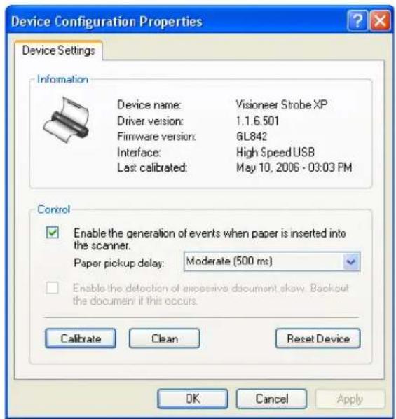 Device Configuration Properties Device Settings Information Device name: Visioneer Strobe XP Driver version: 1.1.6.501 Firmware version: 6L842 Interface: High Speed USB Last calibrated: May 10, 2006 - 03:03 PM Control Enable the generation of events when paper is inserted into the scanner. Paper pickup delay: Moderate (500 ms) Enable the detection of excessive document skew. Backout the document if this occurs. Calibrate Clean Reset Device OK Cancel Apply
