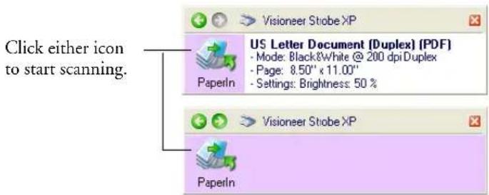 Click either icon to start scanning. US Letter Document (Duplex) (PDF) - Mode: Black&White @ 200 dpi Duplex - Page: 8.50" x 11.00" - Settings: Brightness: 50 % Visioneer Strobe XP PaperIn Visioneer Strobe XP PaperIn