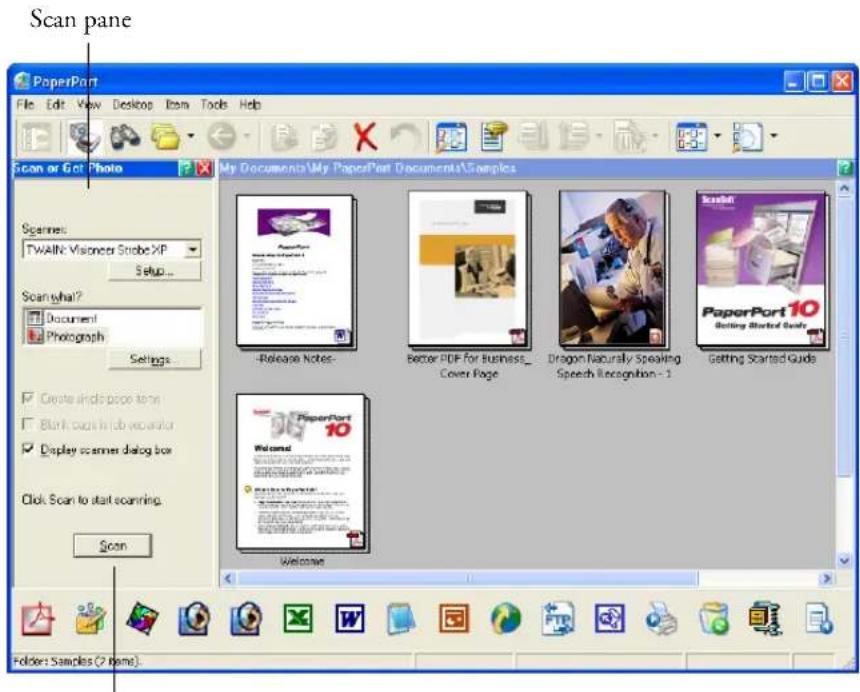 Scan pane PaperPort File Edit View Desktop Item Tools Help Scan or Got Photo My Documents\My PaperPort Documents\Samples Scanines: TWALN: Visioner Strobe XP Setup... Scan what? Document Photograph Settings... Create in-dot page text Blank pages in-dot viewer Display scanner dialog box Click Scan to start scanning. Scan -Release Notes- Better PDF for Business_ Cover Page Dragon Naturally Speaking Speech Recognition - 1 Getting Started Guide Welcome Folder: Samples (2 items)