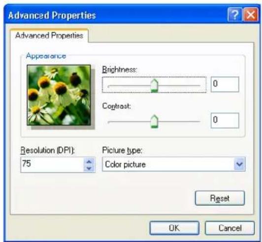 Advanced Properties Advanced Properties Appearance Brightness: 0 Contrast: 0 Resolution (DPI): 75 Picture type: Color picture Reset OK Cancel