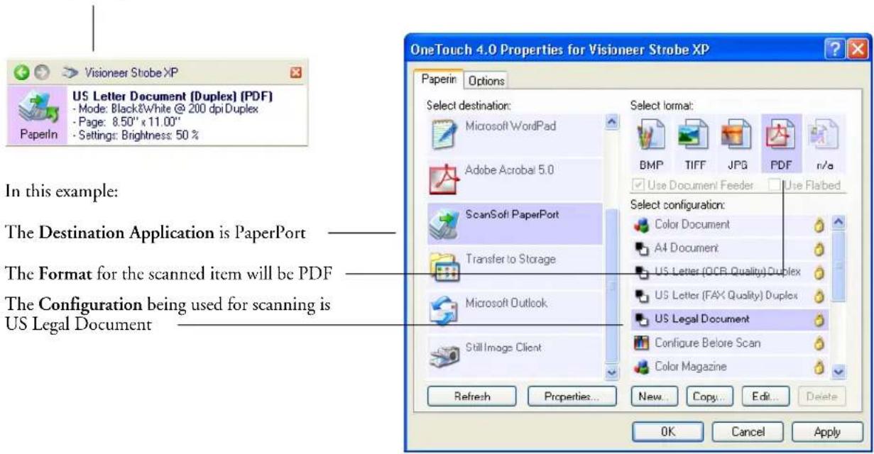 US Letter Document (Duplex) (PDF) - Mode: Black&White @ 200 dpi Duplex - Page: 8.50" x 11.00" - Settings: Brightness: 50 % In this example: The Destination Application is PaperPort The Format for the scanned item will be PDF The Configuration being used for scanning is US Legal Document OneTouch 4.0 Properties for Visioneer Strobe XP Paperin Options Select destination: Microsoft WordPad Adobe Acrobat 5.0 ScanSoft PaperPort Transfer to Storage Microsoft Outlook Still Image Client Refresh Properties... New... Copy... Edit... Delete Select format: BMP TIFF JPG PDF n/a Use Document Feeder Use Flabed Select configuration: Color Document A4 Document US Letter (OCR Quality) Duplex US Letter (FAX Quality) Duplex US Legal Document Configure Before Scan Color Magazine OK Cancel Apply