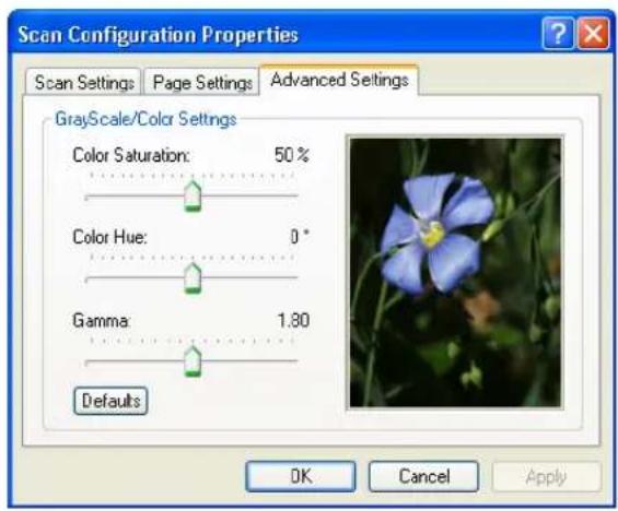 Scan Configuration Properties Scan Settings Page Settings Advanced Settings GrayScale/Color Settings Color Saturation: 50 % Color Hue: 0 ° Gamma: 1.80 Defaults OK Cancel Apply