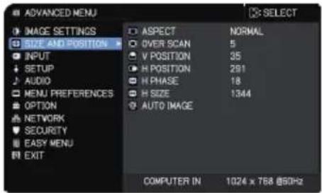 Christie LHD720i - SIZE AND POSITION menu - 1