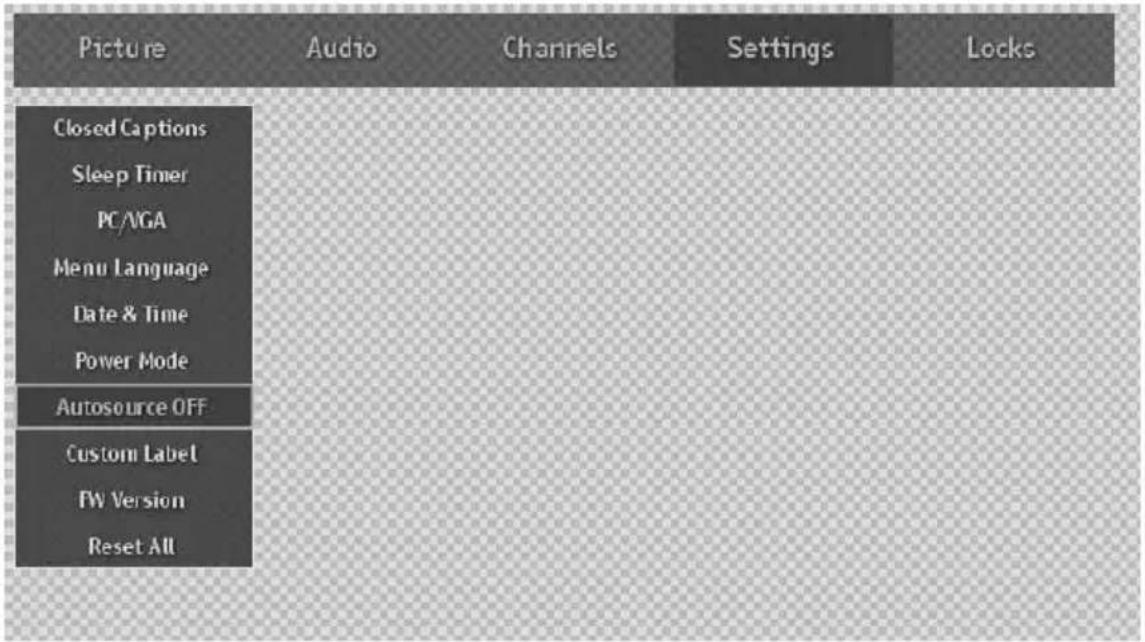 Picture Audio Channels Settings Locks Closed Captions Sleep Timer PC/VGA Menu Language Date & Time Power Mode Autosource OFF Custom Label FW Version Reset All