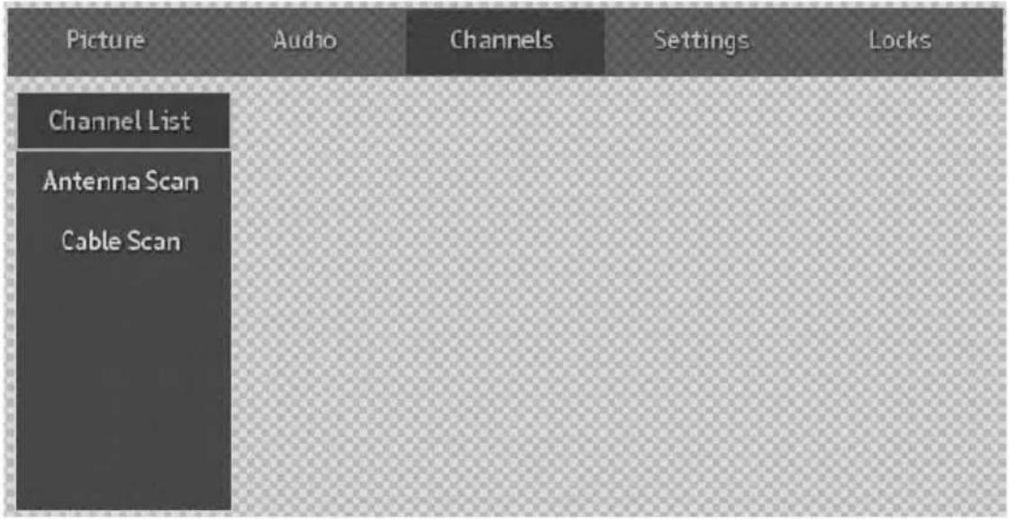 Picture Audio Channels Settings Locks Channel List Antenna Scan Cable Scan