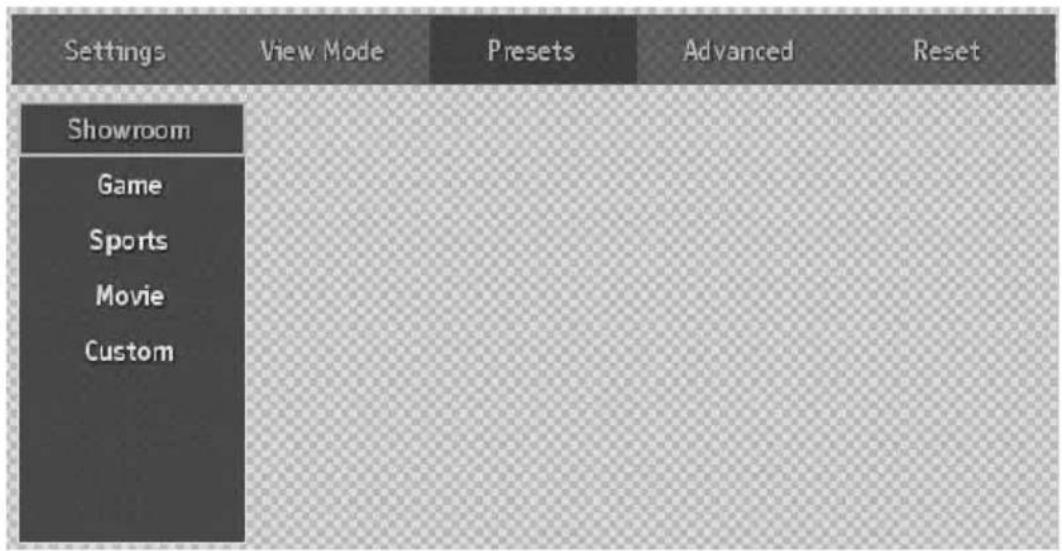 Settings View Mode Presets Advanced Reset Showroom Game Sports Movie Custom