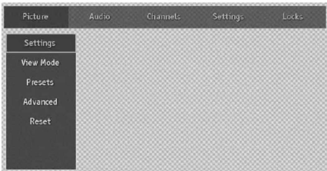 Picture Audio Channels Settings Locks Settings View Mode Presets Advanced Reset