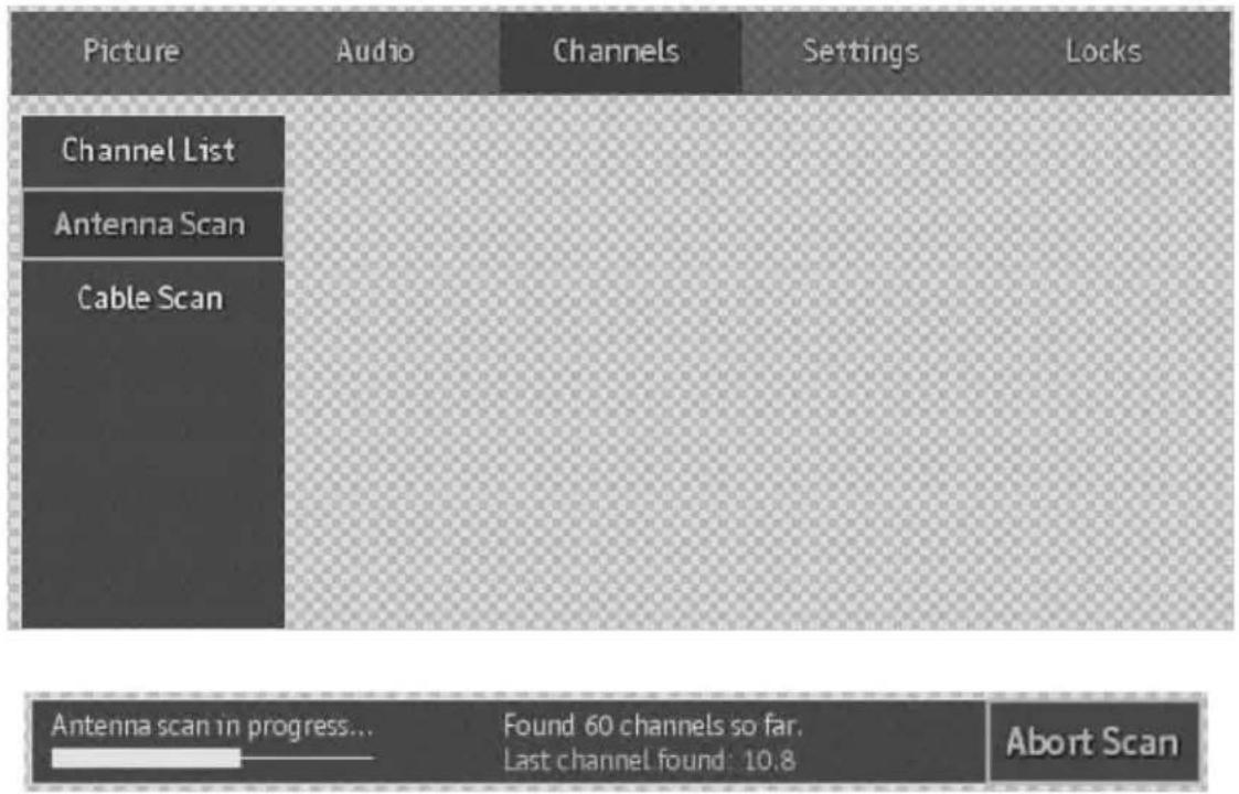 Picture Audio Channels Settings Locks Channel List Antenna Scan Cable Scan Antenna scan in progress... Found 60 channels so far. Last channel found: 10.8 Abort Scan