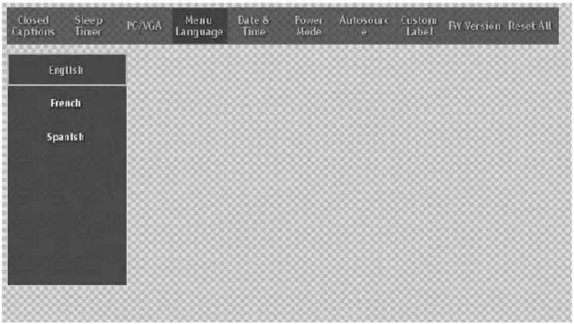 Closed Captions Sleep Timer PC/VGA Menu Language Date & Time Power Mode Autosourc Custom Label FW Version Reset All English French Spanish