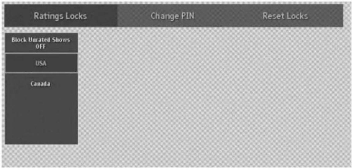 Ratings Locks Change PIN Reset Locks Block Unrated Shows OFF USA Canada
