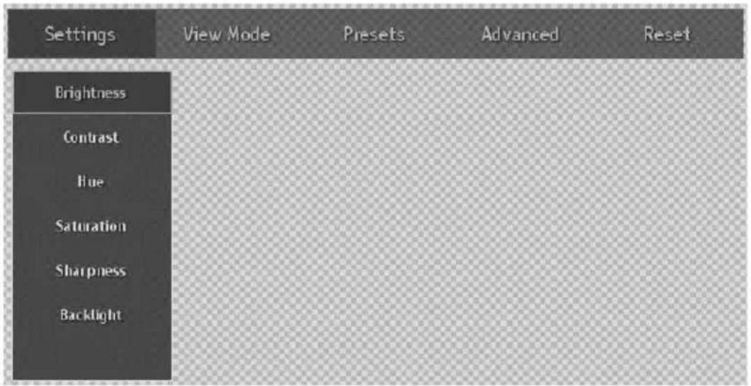 Settings View Mode Presets Advanced Reset Brightness Contrast Blue Saturation Sharpness Backlight