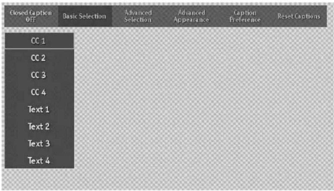 Closed Caption OFF Basic Selection Advanced Selection Advanced Appearance Caption Preference Reset Captions CC 1 CC 2 CC 3 CC 4 Text 1 Text 2 Text 3 Text 4