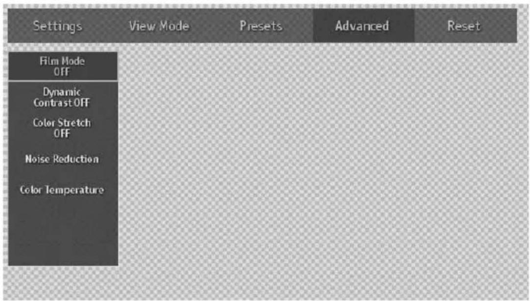 Settings View Mode Presets Advanced Reset Film Mode OFF Dynamic Contrast OFF Color Stretch OFF Noise Reduction Color Temperature