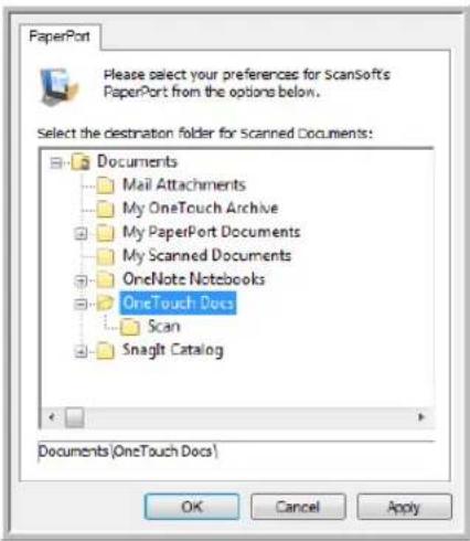 PaperPort Please select your preferences for ScanSoft's PaperPort from the options below. Select the destination folder for Scanned Documents: Documents Mail Attachments My OneTouch Archive My PaperPort Documents My Scanned Documents OneNote Notebooks OneTouch Docs Scan Snaglt Catalog Documents(OneTouch Docs) OK Cancel Apply