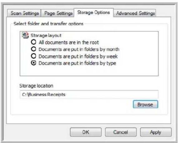 Scan Settings Page Settings Storage Options Advanced Settings Select folder and transfer options Storage layout All documents are in the root Documents are put in folders by month Documents are put in folders by week Documents are put in folders by type Storage location C:\Business Receipts Browse OK Cancel Apply