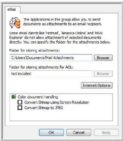 eMail The Applications in this group allow you to send documents as attachments to an email recipient. Some email clients like 'Hotmail', 'America Online' and 'MSN Explorer' do not allow attachment of selected documents directly. You can specify the folder for the attachments below. Folder for storing attachments: C:\Users\Documents\Mell Attachments Browse Folder for storing attachments for AOL: Not installed Browse Internet Options Color document hendling Convert Bitmap using Screen Resolution Convert Bitmap to JPEG OK Cancel Apply