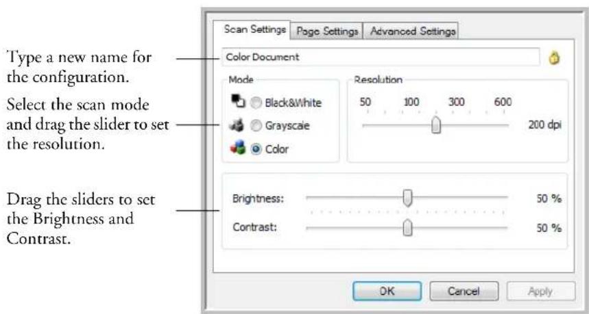 Scan Settings Page Settings Advanced Settings Type a new name for the configuration. Select the scan mode and drag the slider to set the resolution. Drag the sliders to set the Brightness and Contrast. Color Document Mode Black&White Grayscale Color Resolution 50 100 300 600 200 dpi Brightness: 50 % Contrast: 50 % OK Cancel Apply