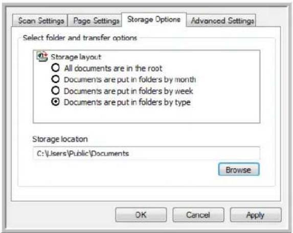 Scan Settings Page Settings Storage Options Advanced Settings Select folder and transfer options Storage layout All documents are in the root Documents are put in folders by month Documents are put in folders by week Documents are put in folders by type Storage location C:\Users\Public\Documents Browse OK Cancel Apply