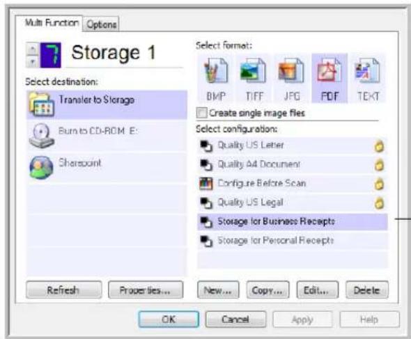 Multi Function Options Storage 1 Select format: BMP TIFF JPG PDF TEXT Create single image files Select destination: Transfer to Storage Burn to CD-ROM E: Sharepoint Select configuration: Quality US Letter Quality A4 Document Configure Before Scan Quality US Legal Storage for Business Receipts Storage for Personal Receipts Refresh Properties... New... Copy... Edit... Delete OK Cancel Apply Help