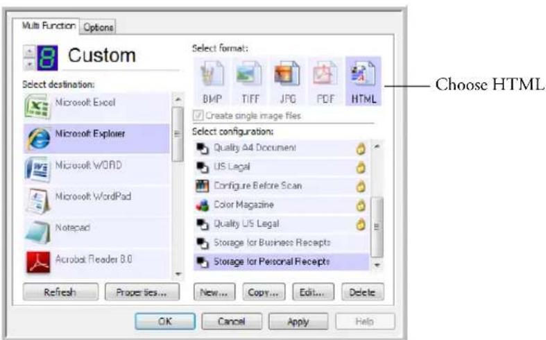 Multi Function Options Custom Select destination: Microsoft Excel Microsoft Explorer Microsoft WORD Microsoft WordPad Notepad Acrobat Reader 8.0 Refresh Properties... New... Copy... Edit... Delete Select format: BMP TIFF JPG PDF HTML Create single image files Select configuration: Quality A4 Document US Legal Configure Before Scan Color Magazine Quality US Legal Storage for Business Receipts Storage for Personal Receipts Choose HTML