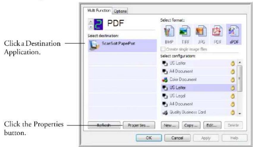 Multi Function Options PDF Select destination: ScanSoft PaperPort Click a Destination Application. Select format: BMP TIFF JPG PDF #PDF Create single image files Select configurations: US Letter A4 Document Color Document US Letter US Legal A4 Document Quality Business Cord Refresh Properties... New... Copy... Edit... Delete OK Cancel Apply Help