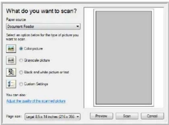 What do you want to scan? Paper source Document Fesder Select an option below for the type of picture you want to scan. Color picture Grayscale picture Black and white picture or text Custom Settings You can also: Adjust the quality of the scanned picture Page size: Legal 8.5 x 14 inches (216 x 356) Preview Scan Cancel