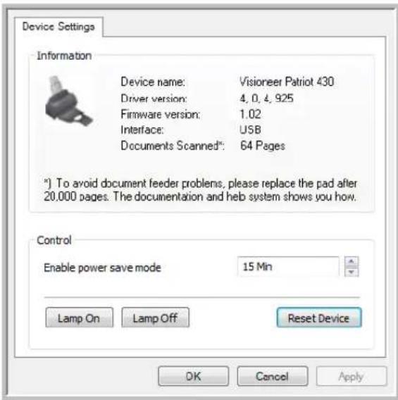 Device Settings Information Device name: Visioneer Patriot 430 Driver version: 4, 0, 4, 925 Firmware version: 1.02 Interface: USB Documents Scanned*: 64 Pages *) To avoid document feeder problems, please replace the pad after 20,000 pages. The documentation and help system shows you how. Control Enable power save mode 15 Min Lamp On Lamp Off Reset Device OK Cancel Apply