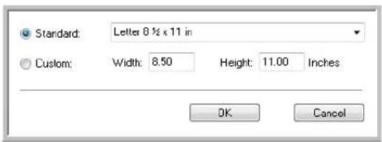 Standard: Letter 8 ½ x 11 in Custom: Width: 8.50 Height: 11.00 Inches OK Cancel