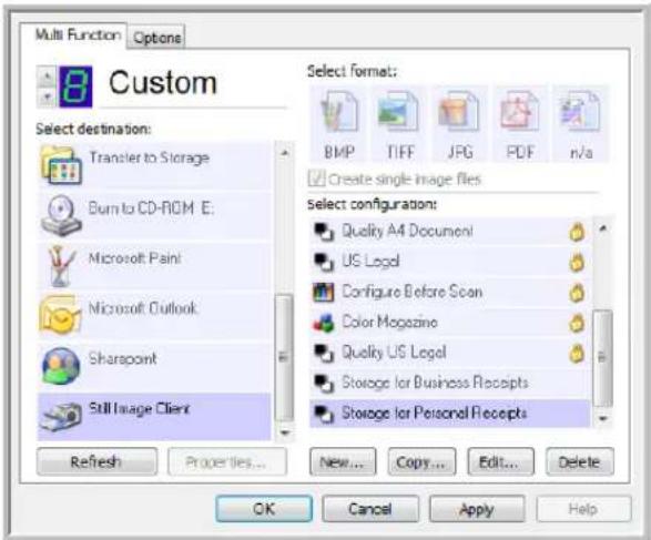 Multi Function Options Custom Select destination: Transfer to Storage Burn to CD-ROM E; Microsoft Paint Microsoft Outlook Sharapont Still Image Client Select format: BMP TIFF JPG PDF n/a Create single image files select configurations: Quality A4 Document US Legal Configure Before Scan Color Magazine Quality US Legal Storage for Business Receipts Storage for Personal Receipts Refresh Properties... New... Copy... Edit... Delete OK Cancel Apply Help