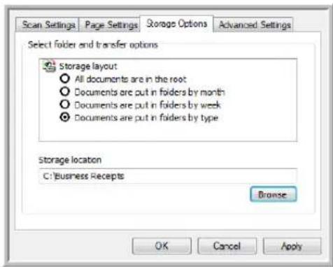 Scan Settings Page Settings Storage Options Advanced Settings Select folder end transfer options Storage layout All documents are in the root Documents are put in folders by month Documents are put in folders by week Documents are put in folders by type Storage location C:\Business Receipts Browse OK Cancel Apply